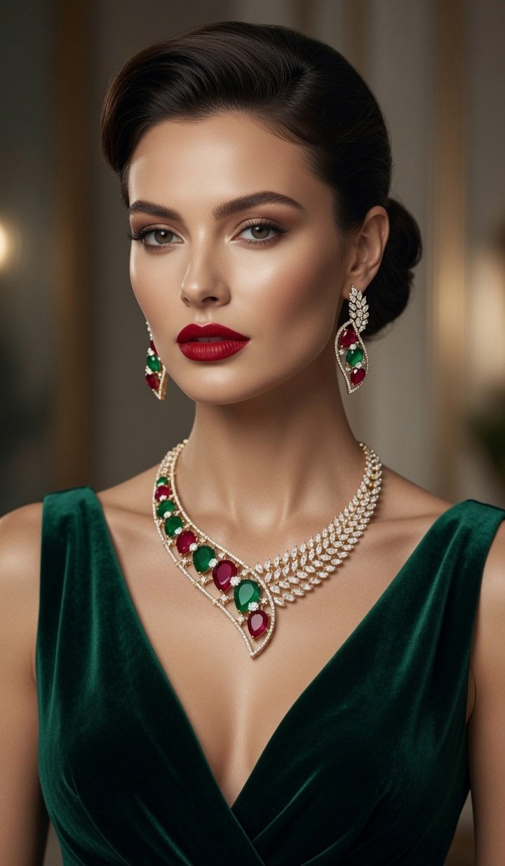 Verdant Carmine Asymmetric Emerald And Ruby Wave Choker Set-Gold Finish - Image 2