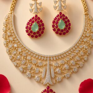 Sovereign Ruby And Mint Green Pave Cz Zirconia Choker Set-Gold Finish