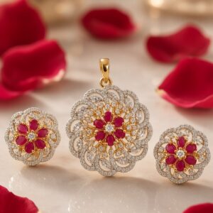 The Royal Crimson Mandala Ruby Swirl Pendant Set- Gold Finish