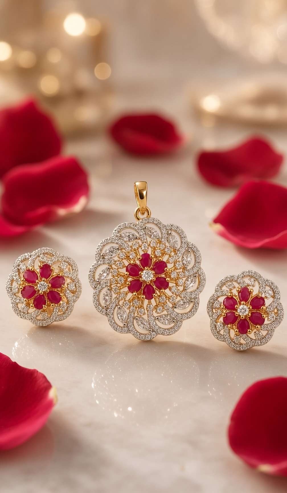 The Royal Crimson Mandala Ruby Swirl Pendant Set- Gold Finish