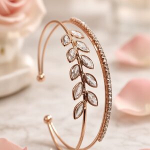 The Fluer Marquise Leaf And Pavè Double Band Open Kada Bracelet-Rose Gold Finish