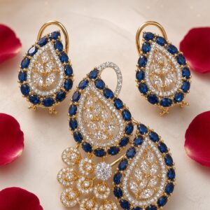 The Royal Sapphire Paisley Pendant Set-Gold Finish