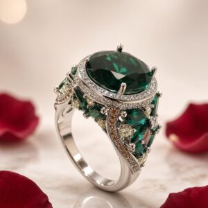 Aurelia Deep Emerald And Diamond-Style Cluster Adjustable Ring-Gold Finish