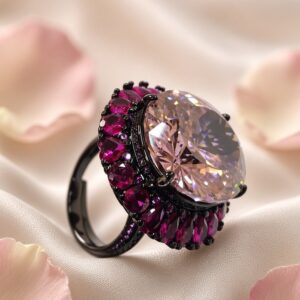 Obsidian Rose Oval Solitaire Magenta Halo Ring-Black Rhodium Finish