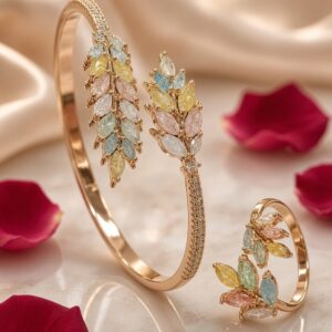 Aura Multicolor Pastel Marquise Foliage Kada Bracelet With Ring-Gold Finish