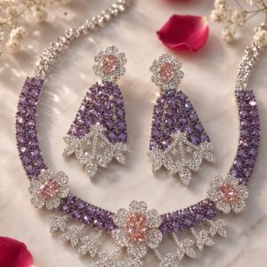 The Amethyst Blossom Royalty Floral Purple Sapphire Choker Set-Platinum Finish