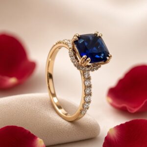 Blue Sapphire Solitaire Pave Hidden Halo Ring-Gold Finish(Size.7,8)