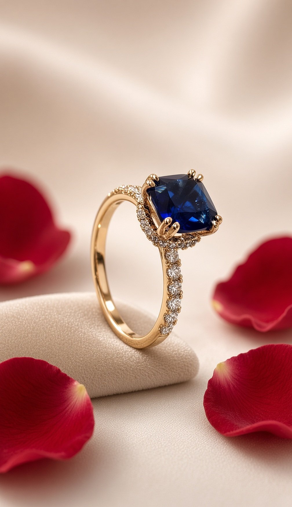 Blue Sapphire Solitaire Pave Hidden Halo Ring-Gold Finish(Size.7,8)