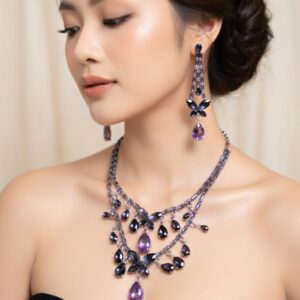 Elegant Purple Stone Layered Necklace Earrings Set