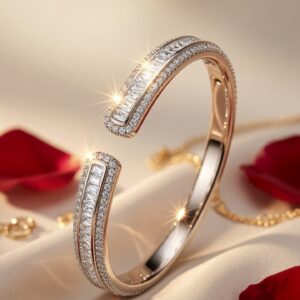 Aria Illusion-Set Baguette Dual-Border Diamond-Style Kada Bracelet-Platinum Finish