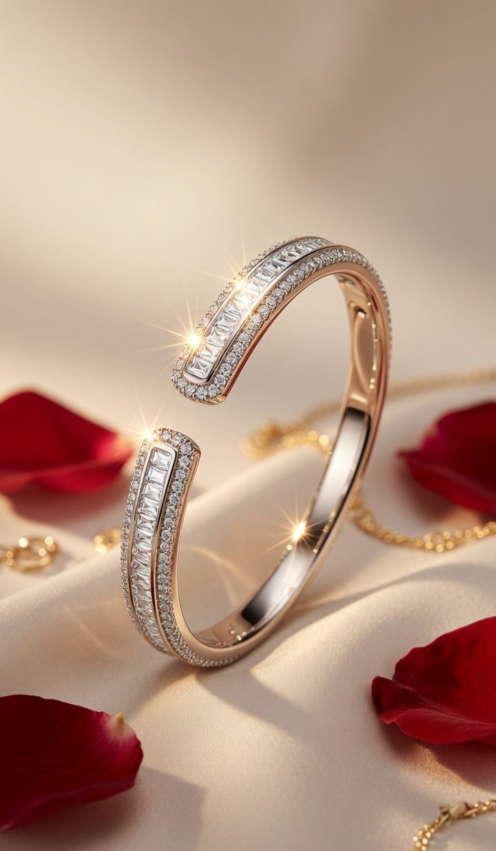 Aria Illusion-Set Baguette Dual-Border Diamond-Style Kada Bracelet-Platinum Finish