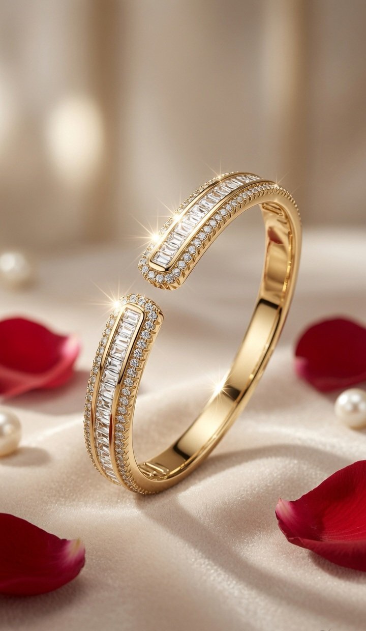 Sienna Channel-Set Baguette Pavè-Border Kada Bracelet-Gold Finish