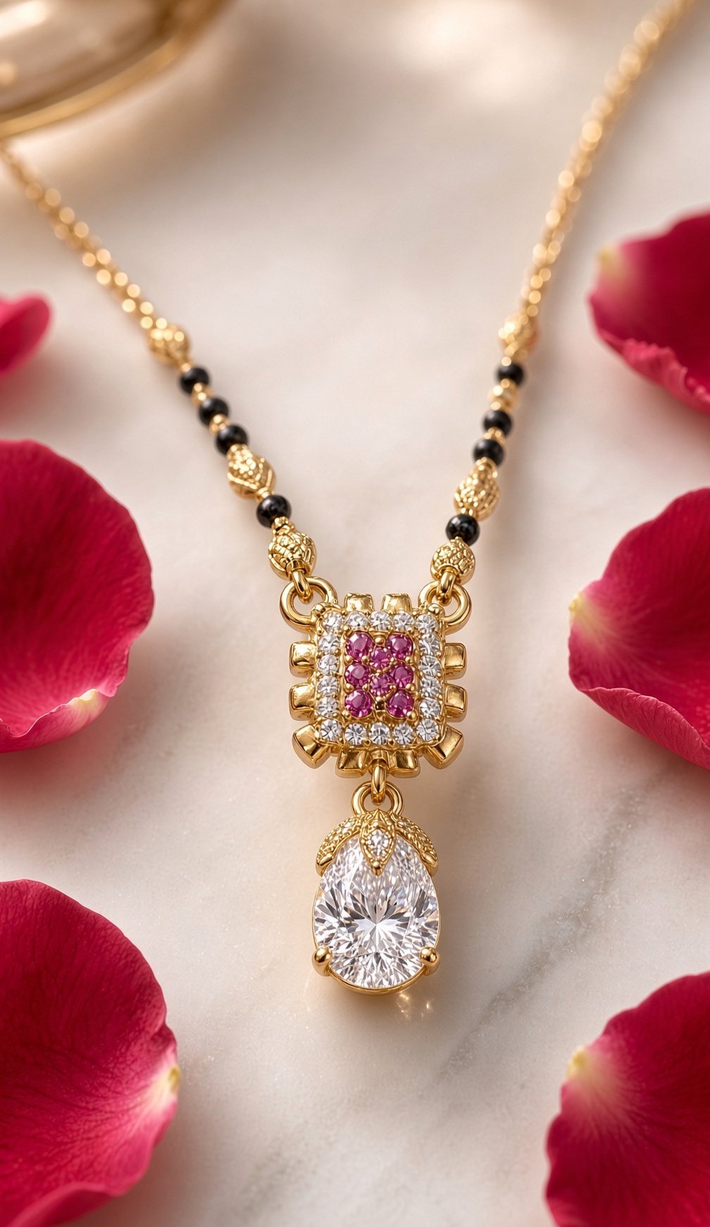 Royal Crimson Square Ruby And Teardrop Mangalsutra-Gold Finish