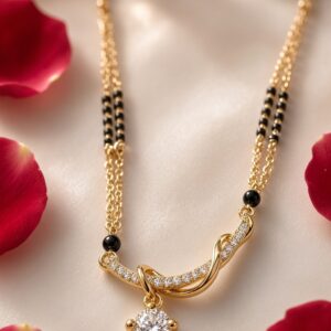 Aura Curved Wave Diamond-Style Solitaire Drop Mangalsutra-Gold Finish
