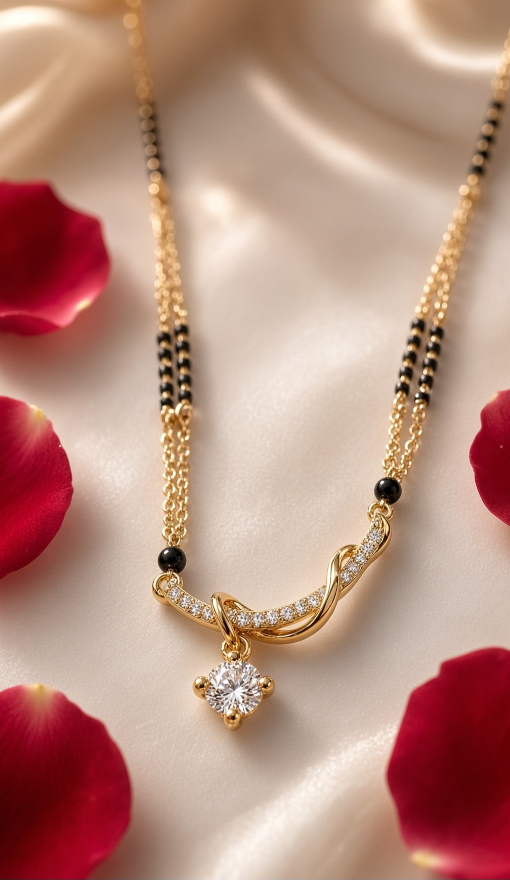 Aura Curved Wave Diamond-Style Solitaire Drop Mangalsutra-Gold Finish