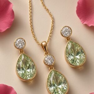 Sovereign Bezel-Set Mint Green Drop Pendant Set-Gold Finish