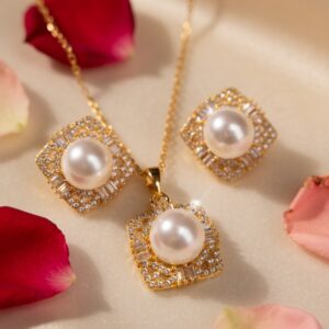 Geometric Pearl Pendant Necklace With Earrings