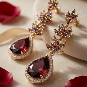 Persephone Multi-Gemstone Leaf Garnet Teardrop Earrings-Gold Finish