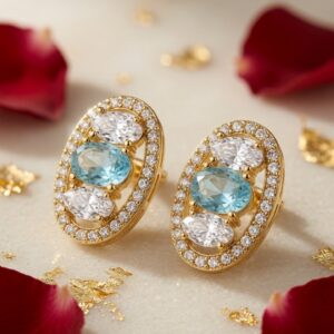 The Riviera Oval Aquamarine And Marquise Halo Miniature Studs-Gold Finish