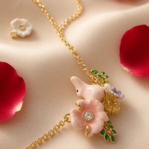 Blushing Flora Bunny And Blossom Enamel Necklace Chain-Gold Finish