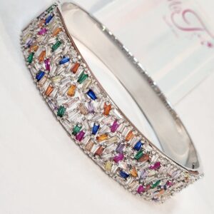 Rainbow Baguette Crystal Cuff Bracelet in High Shine Silver Finish