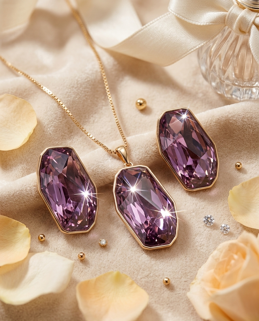 Orchid Prism Amethyst Geometric Pendant Set-Gold Finish
