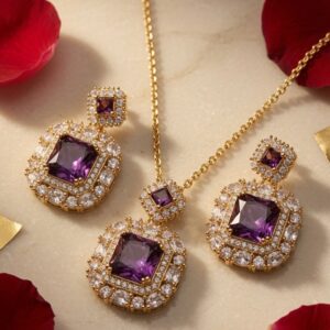 The Velvet Amara Geometric Princess-Cut Light Purple Pendant Set-Gold Finish