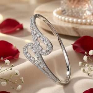 Luminary Ribbon Bypass Artemis Pavè And Baguette Kada Bracelet-Platinum Finish
