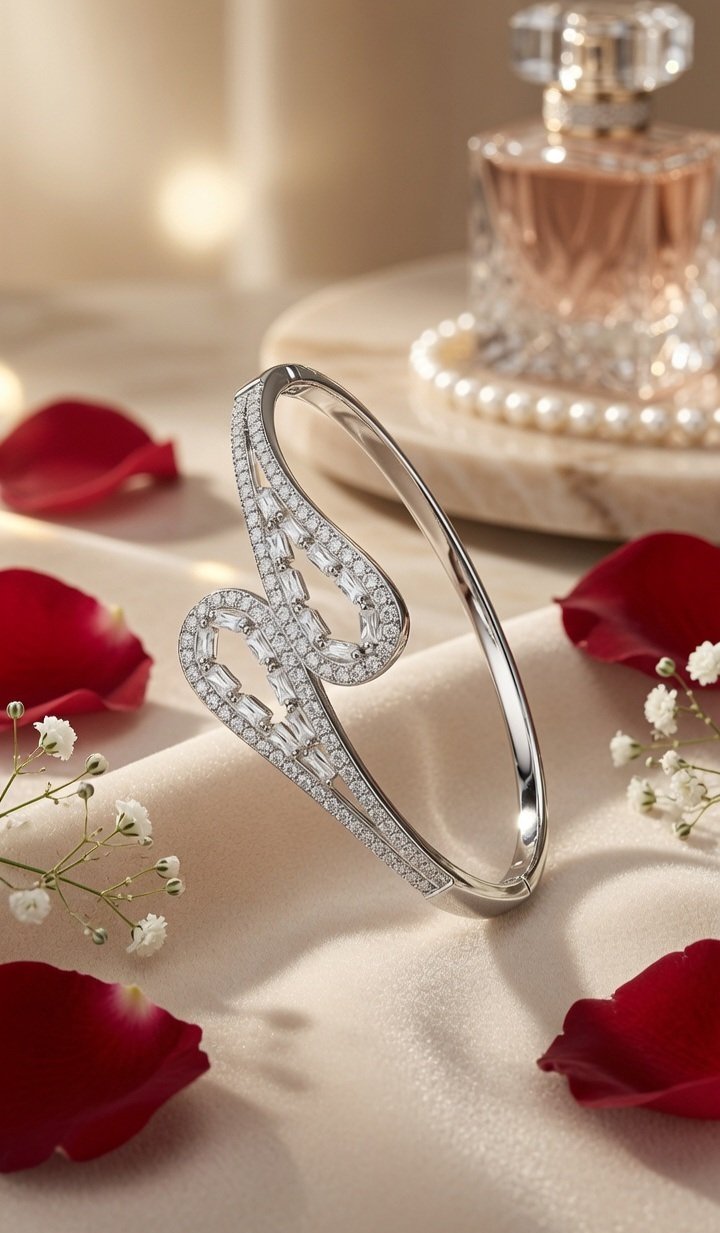 Luminary Ribbon Bypass Artemis Pavè And Baguette Kada Bracelet-Platinum Finish