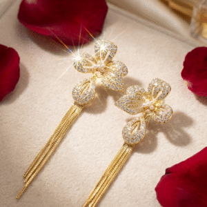 Magical Fleur-De-Lys Pavè Diamond-Style Flower Tassel Drop Earrings-Gold Finish