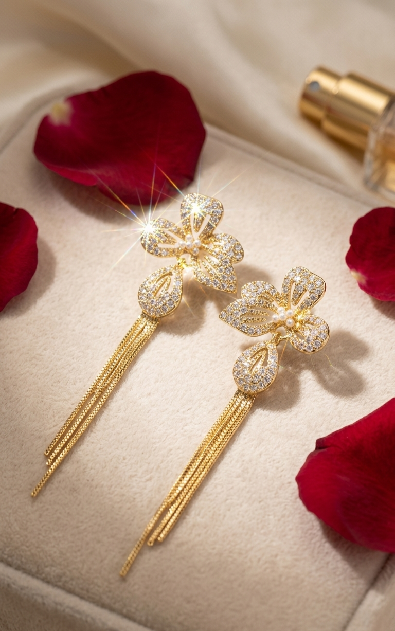 Magical Fleur-De-Lys Pavè Diamond-Style Flower Tassel Drop Earrings-Gold Finish