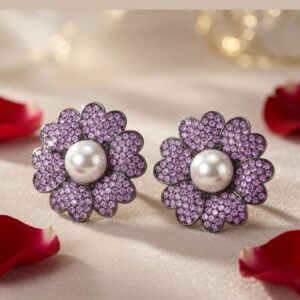 Amethyst Violet Pavè Flower And Pearl Studs-Black Rhodium Finish