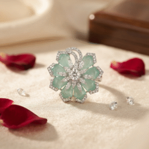 The Mint Empress Mint Green Floral Cocktail Adjustable Ring-Platinum Finish