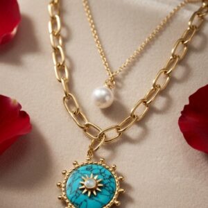 The Aurelia Sunburst Turquoise And Layered Pearl Necklace-Gold Finish