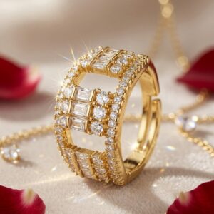 Valencia Geometric Open Cage Baguette Adjustable Ring-Gold Finish