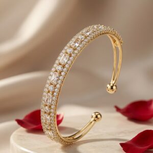 Vivien Pavè And Baguette Diamond-Style Spilt Kada Bracelet-Gold Finish
