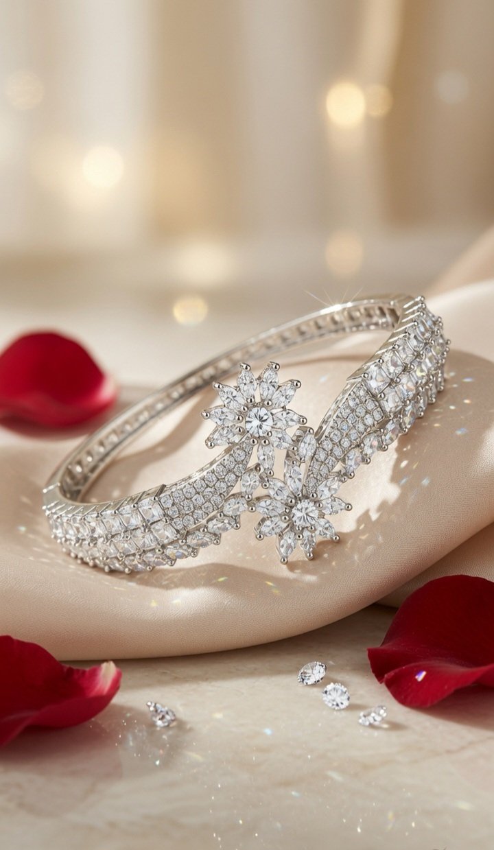 The Luminara Double-Floral Bypass Diamond-Style Kada Bracelet-Platinum Finish