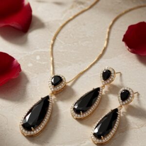 The Sovereign Black Noir Teardrop And Diamond-Style Pendant Set-Gold Finish