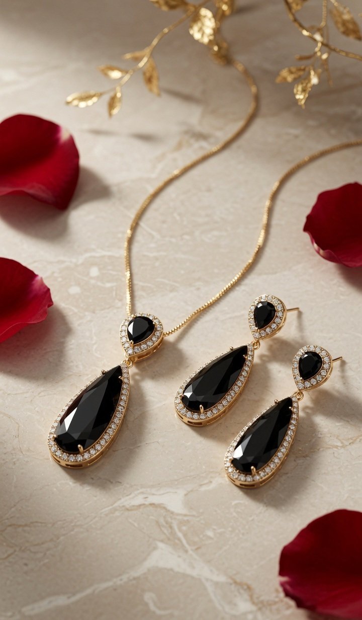 The Sovereign Black Noir Teardrop And Diamond-Style Pendant Set-Gold Finish