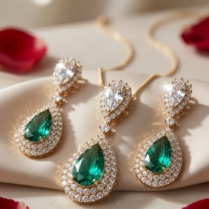 The Sovereign Emerald And Diamond-Style Pear-Drop Pendant Set-Gold Finish