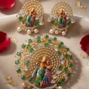 The Empress Emerald Vrindavan Hand-Enameled Radha Krishna Pendant Set-Gold Finish