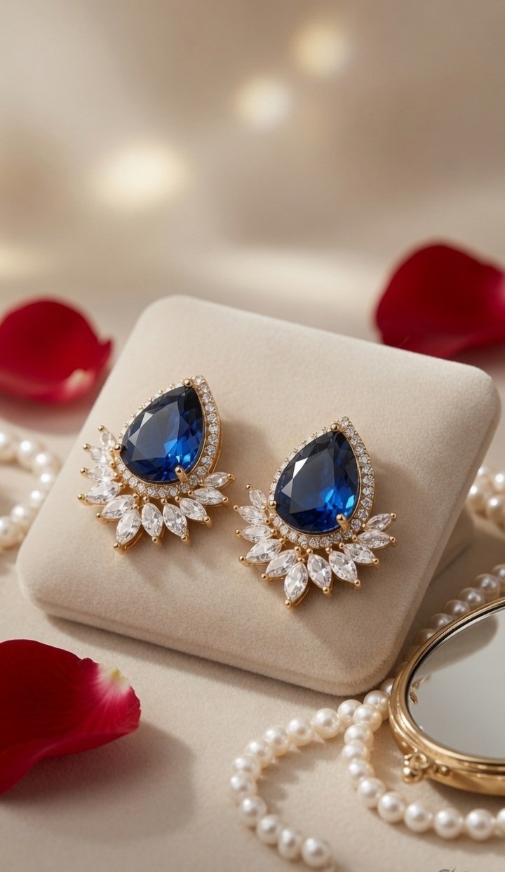 The Royal Sapphire Pear Halo Sunburst Studs-Gold Finish