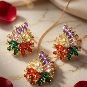 The Prism Burst Multi-Gemstone Pendant Rainbow Set-Gold Finish
