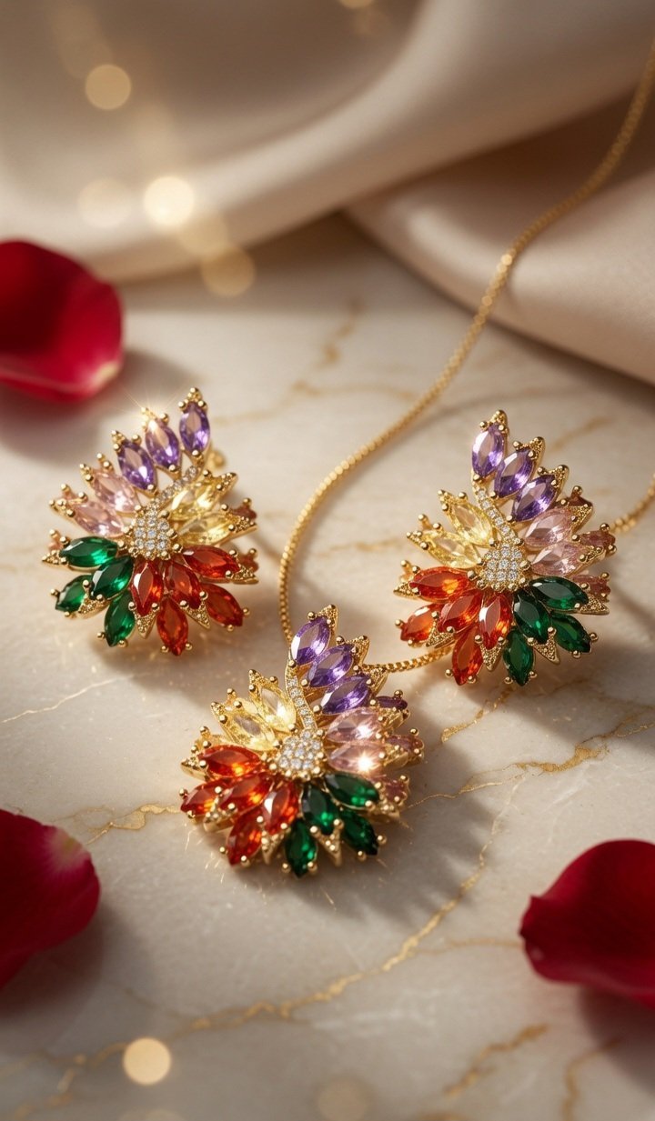 The Prism Burst Multi-Gemstone Pendant Rainbow Set-Gold Finish