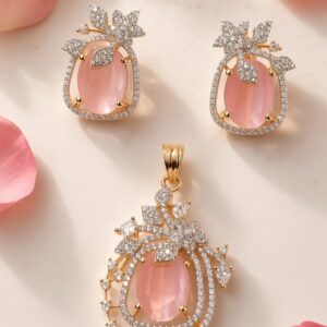 Majestic Soft Coral Gemstone Pendant Set-Gold Finish