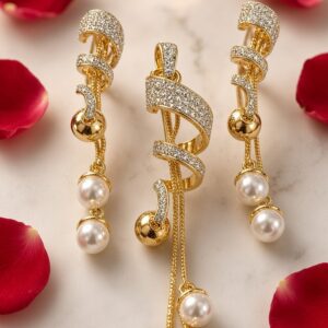 Serenade Cascading Peral And Pave Ribbon Pendant Set-Gold Finish