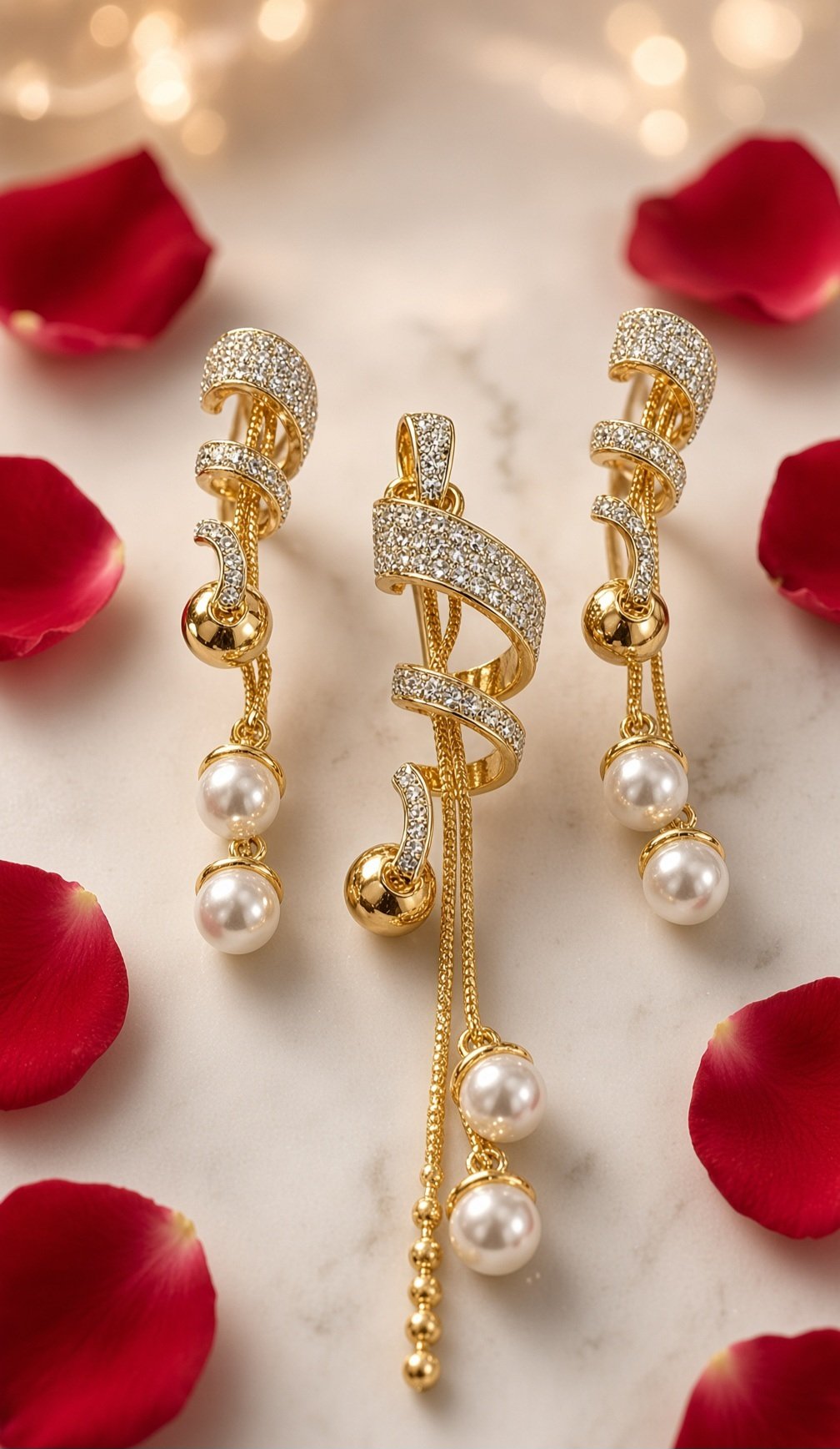 Serenade Cascading Peral And Pave Ribbon Pendant Set-Gold Finish