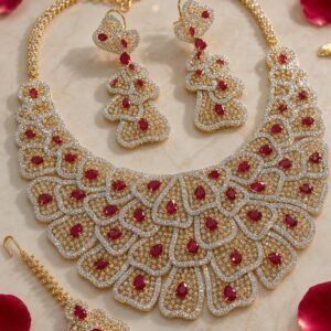 Imperial Peacock Feather Rose And Ruby Necklace Set-Gold Finish With Mangtika