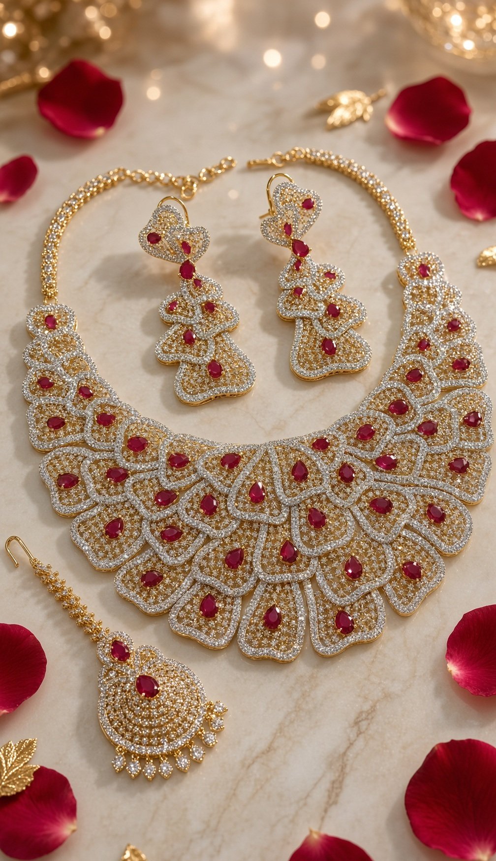 Imperial Peacock Feather Rose And Ruby Necklace Set-Gold Finish With Mangtika