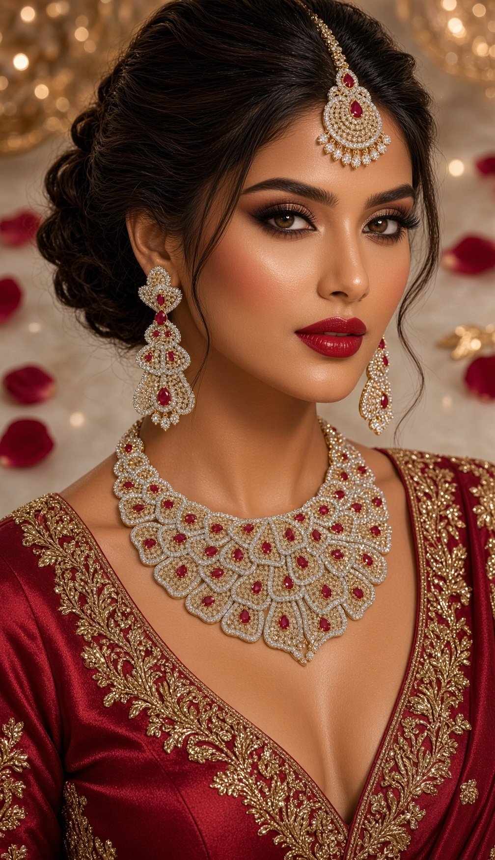 Imperial Peacock Feather Rose And Ruby Necklace Set-Gold Finish With Mangtika - Image 2